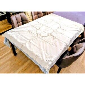 Chikazawa Japanese Hand Embroidered Vintage Linen Flower Table Cloth 54x72” NOS